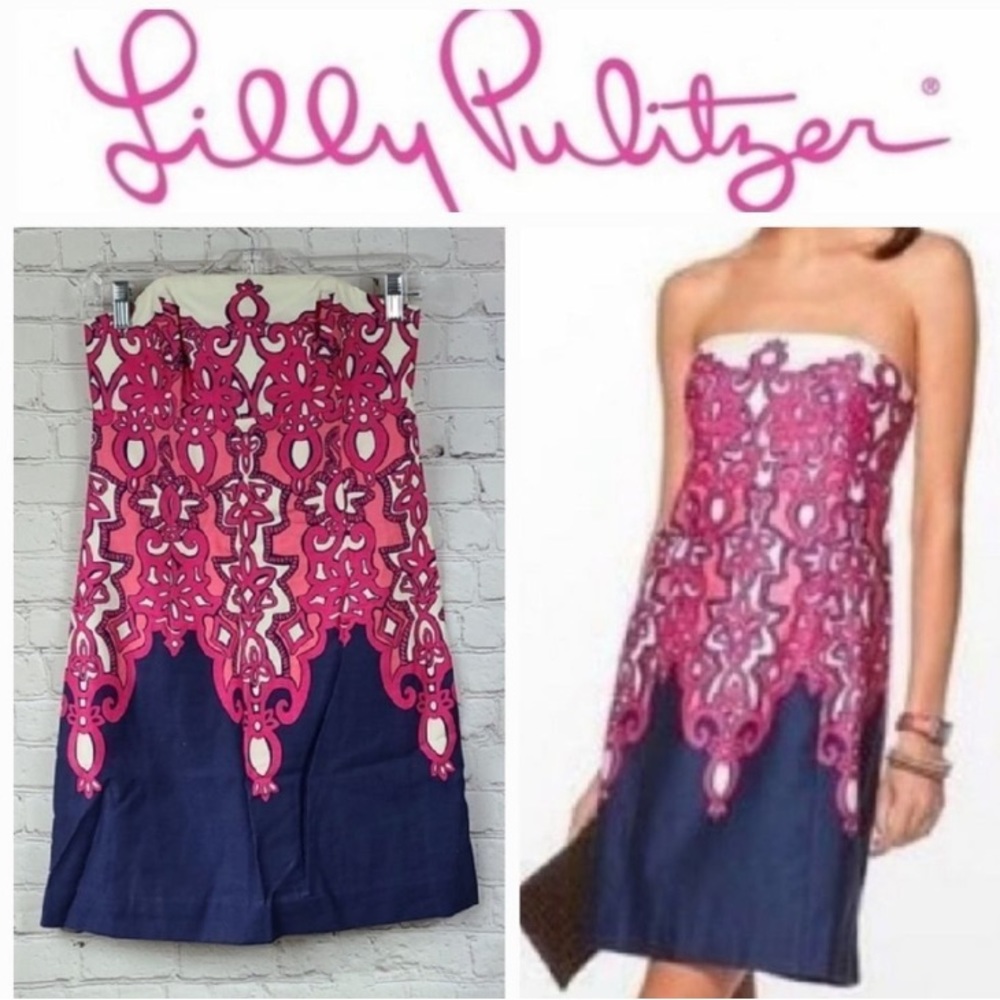 Lilly Pulitzer pink and navy strapless dress size 6